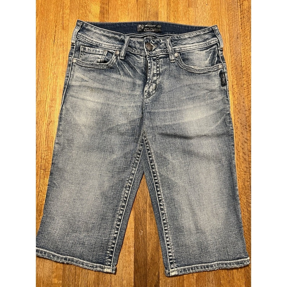 Silver Jeans Co Women 28 Blue Denim White Wash Suki Bermuda Distressed Shorts